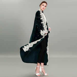 Green Velvet Pearl Beaded Abaya Robe with Lace Trim