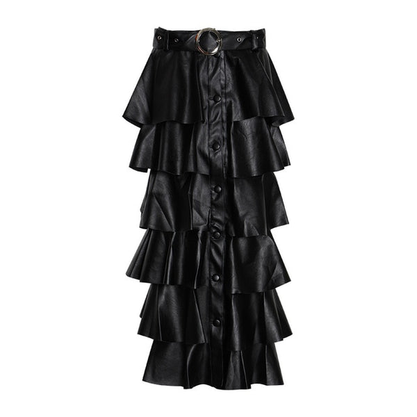 Vegan Leather Long Ruffle Skirt