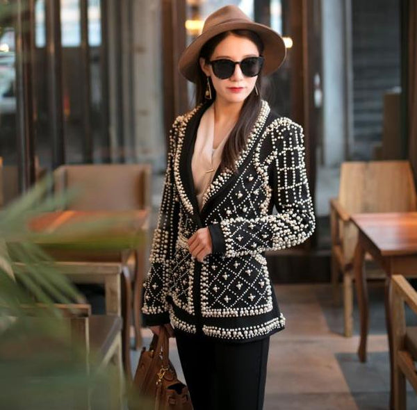 Ultra Luxe Pearl Beaded Black Blazer