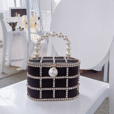 Diamond Jewel Cage Bucket Bag with Pearl Handle