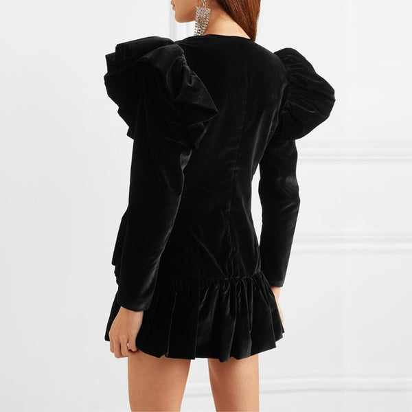 Diamond Detail Black Puff Sleeve Velvet Dress