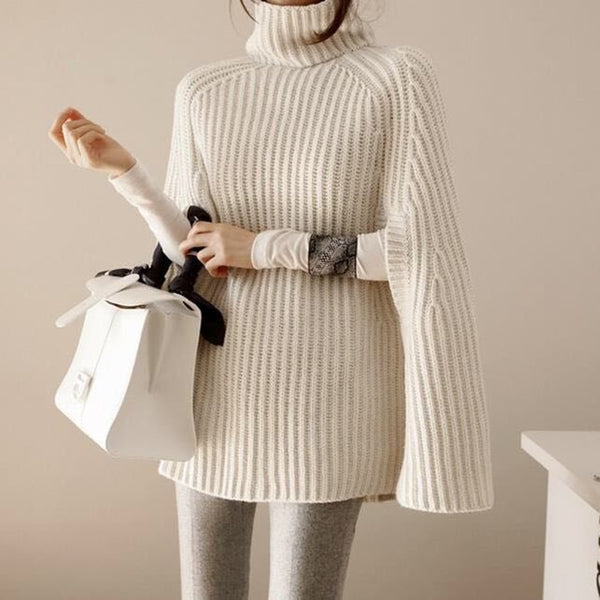 Oversize Knitted Sweater Cloak with Batwing Sleeves and Turtleneck