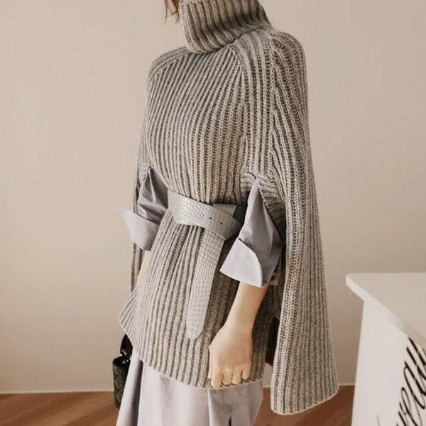 Oversize Knitted Sweater Cloak with Batwing Sleeves and Turtleneck