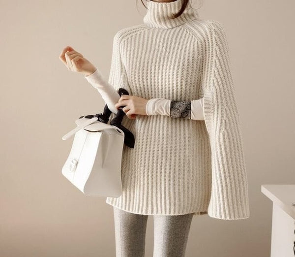 Oversize Knitted Sweater Cloak with Batwing Sleeves and Turtleneck