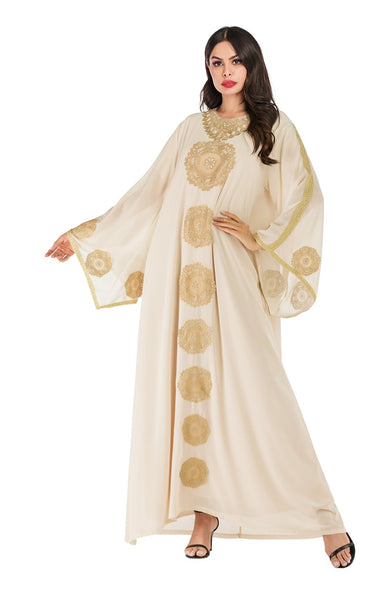 Gold Embroidered Apricot Abaya Robe with Loose Flare Sleeves and Scarf