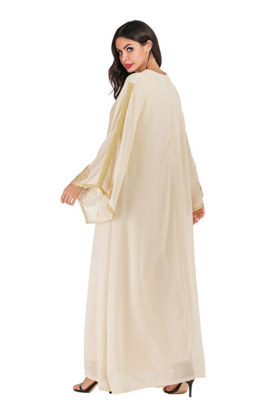 Gold Embroidered Apricot Abaya Robe with Loose Flare Sleeves and Scarf