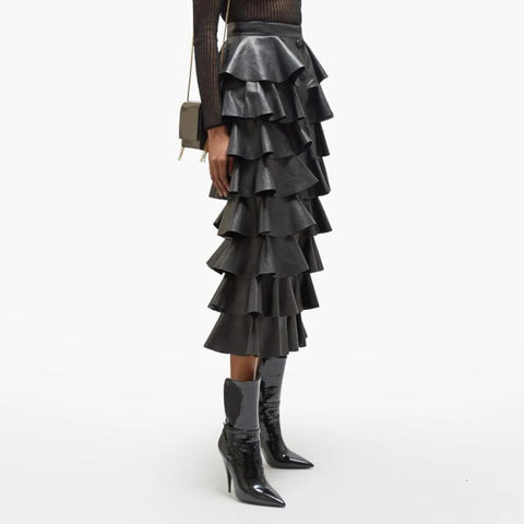 Vegan Leather Long Ruffle Skirt