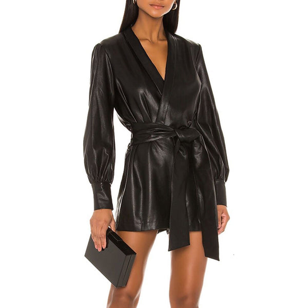 Vegan Leather Bow Tie Waist Playsuit