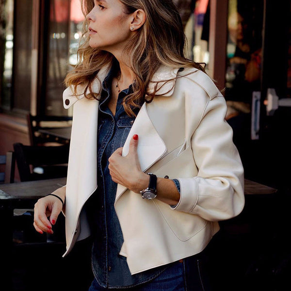 Oversized Turn Down Collar White Vegan Leather Jacket