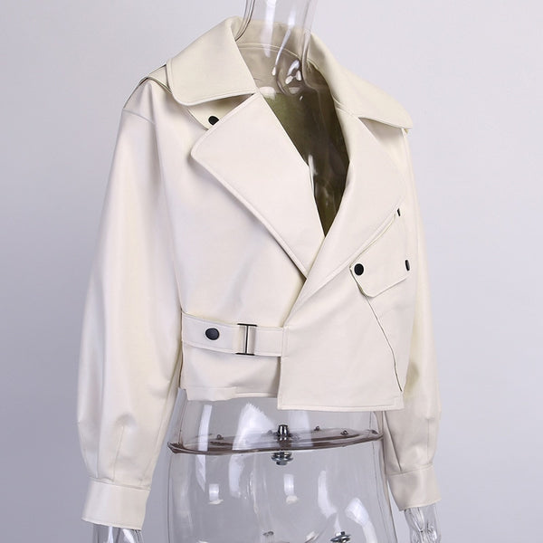 Oversized Turn Down Collar White Vegan Leather Jacket