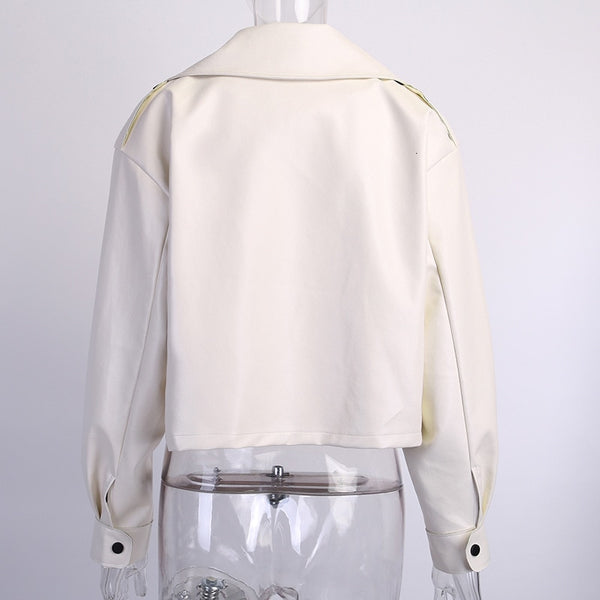 Oversized Turn Down Collar White Vegan Leather Jacket