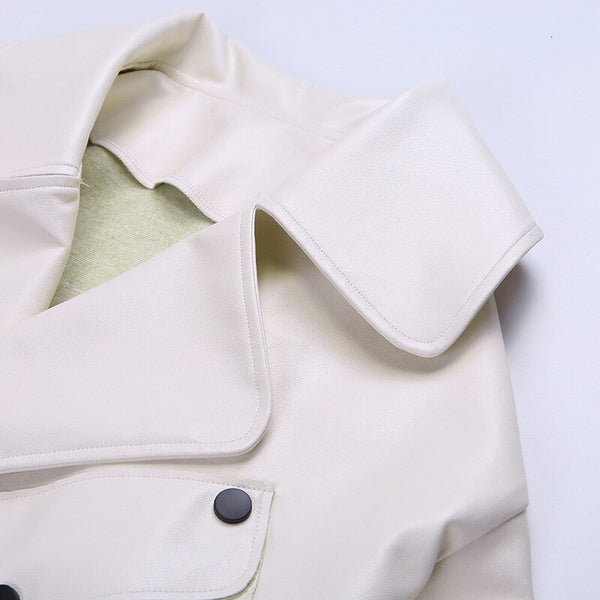 Oversized Turn Down Collar White Vegan Leather Jacket