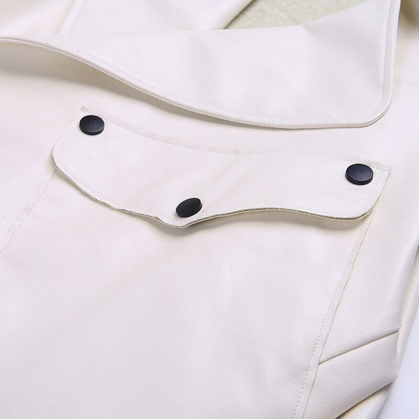 Oversized Turn Down Collar White Vegan Leather Jacket