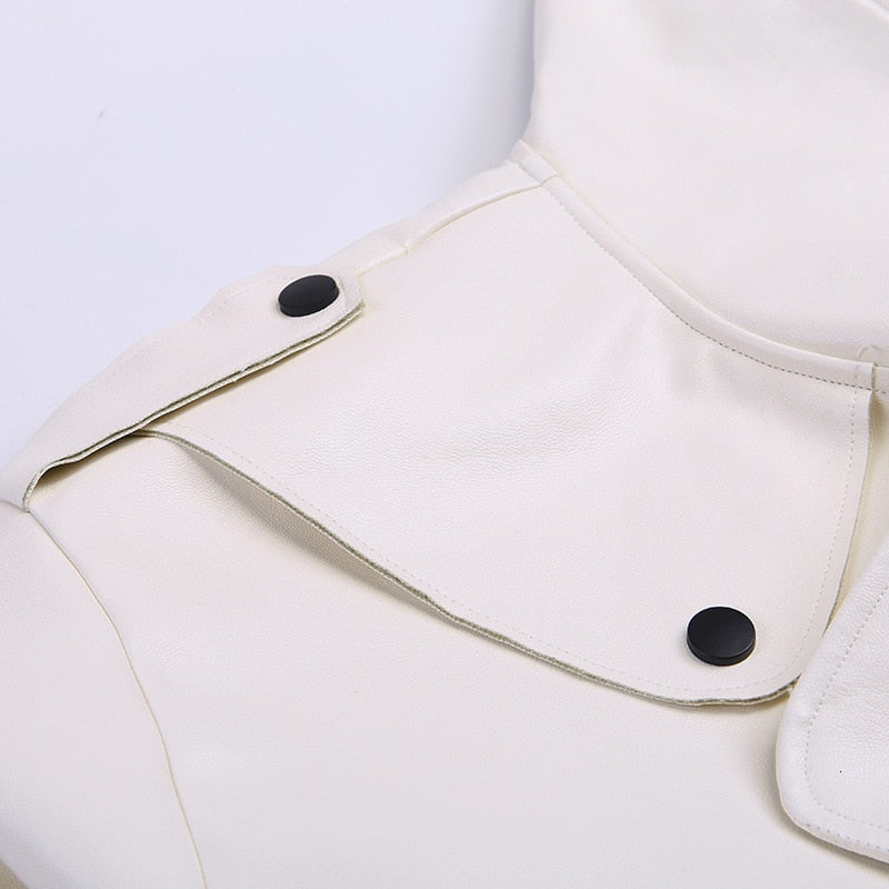 Oversized Turn Down Collar White Vegan Leather Jacket