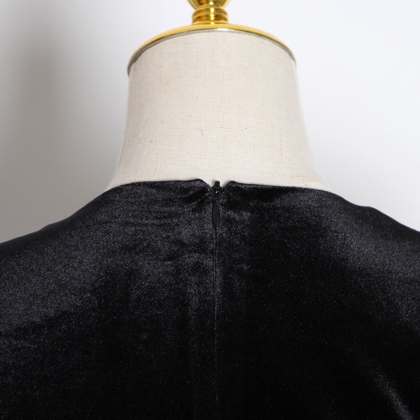 Diamond Detail Black Puff Sleeve Velvet Dress