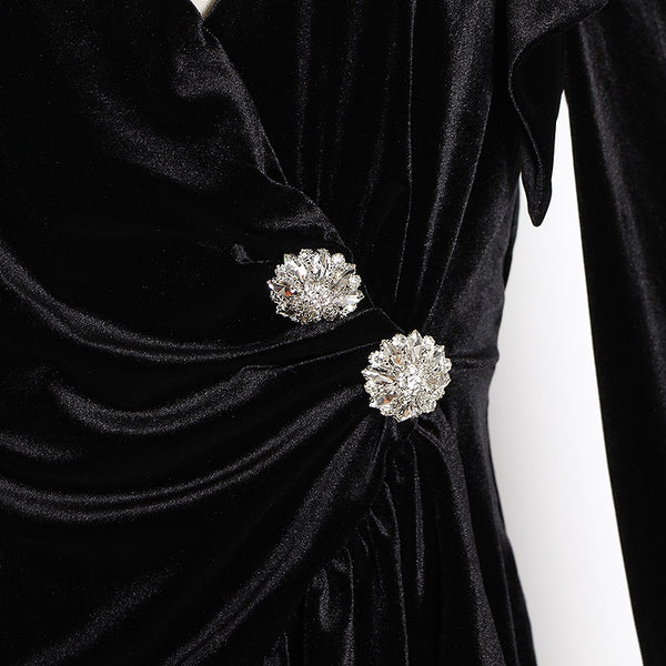 Diamond Detail Black Puff Sleeve Velvet Dress