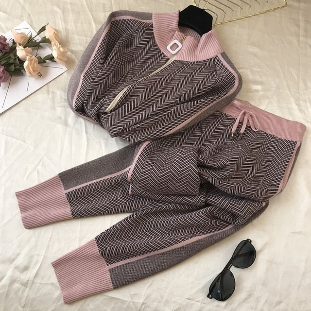 Two Piece Knitted Stripped Zip Jumper Pants Set