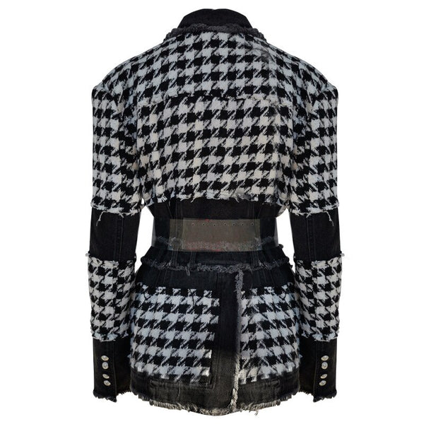 Stylish Denim Tweed Houndstooth Jacket Coat With Belt