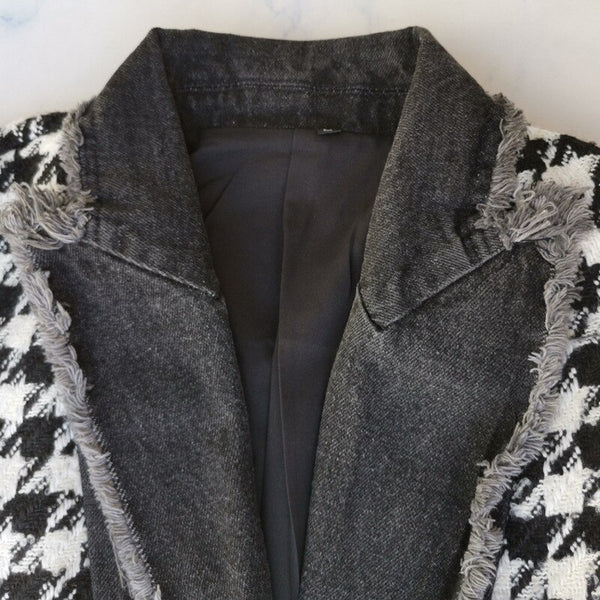 Stylish Denim Tweed Houndstooth Jacket Coat With Belt