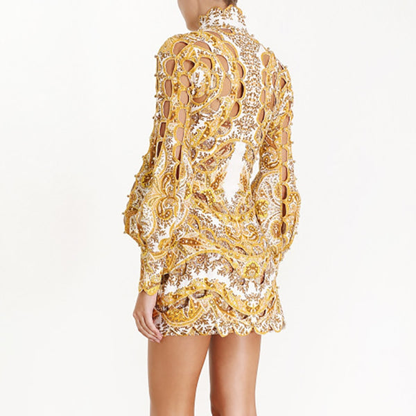 High Neck Gold Cut Out Mini Dress