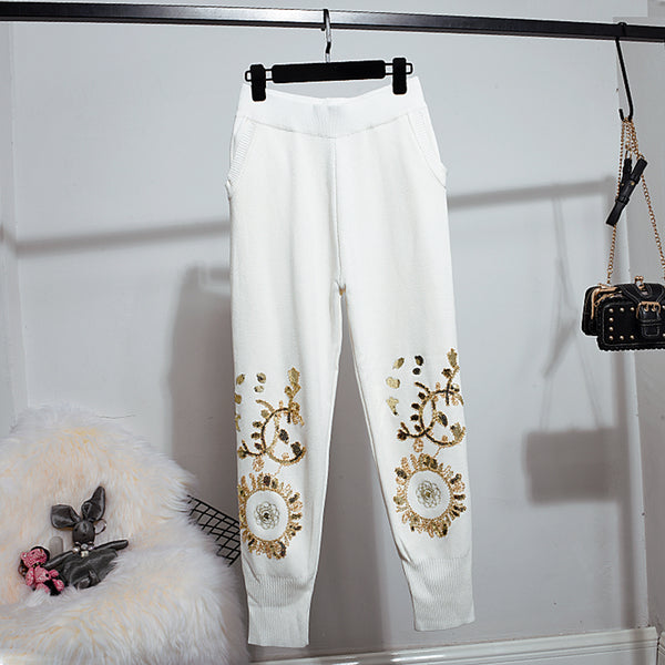 Two Piece Loungwear Set With Gold Flower Sequin Detail