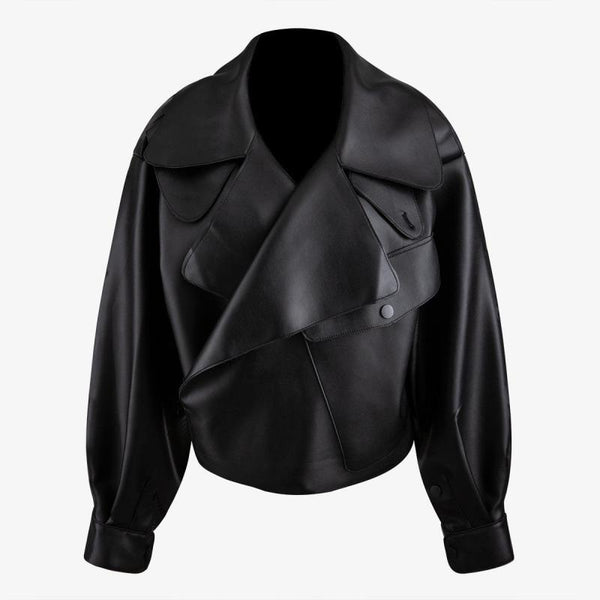 Oversized Turn Down High Neck Collar Black Vegan Leather Jacket