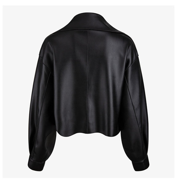 Oversized Turn Down High Neck Collar Black Vegan Leather Jacket