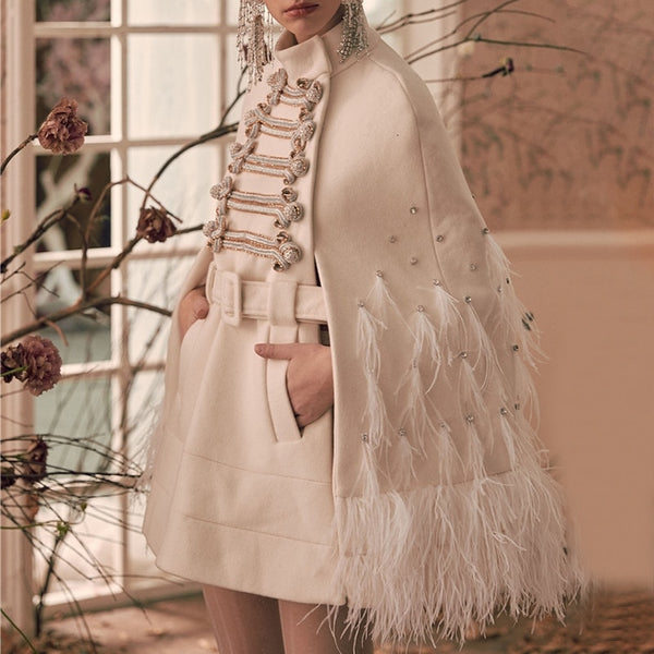 Diamond and Feather Turtleneck Cloak Coat