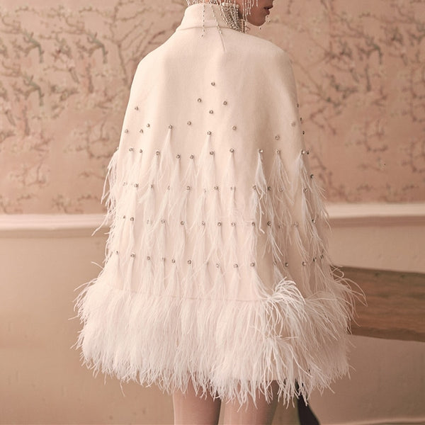 Diamond and Feather Turtleneck Cloak Coat