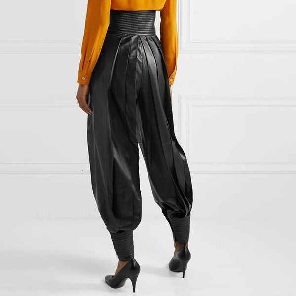 Vegan Leather Ruched Full Length High Waist Trousers