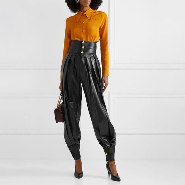 Vegan Leather Ruched Full Length High Waist Trousers