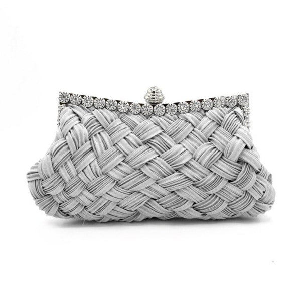 Woven Satin Evening Clutch Bag With Crystal Decoration