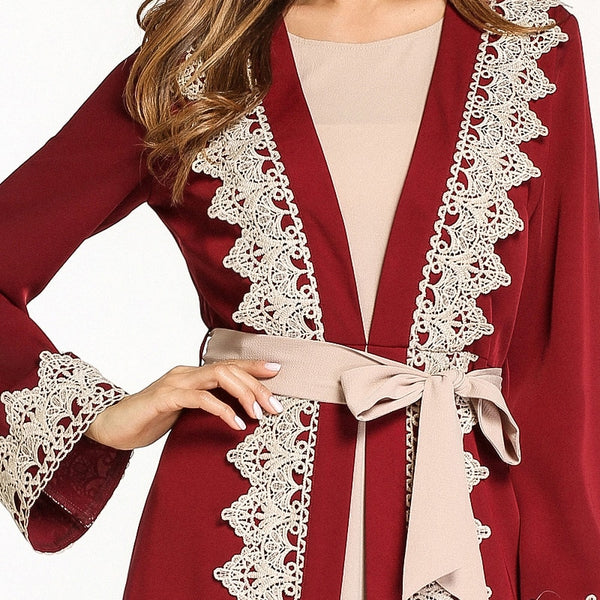 Bright Abaya Robe with Contrast Embroidered Lace detail and Belt