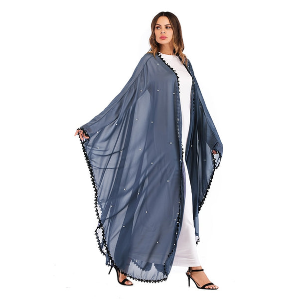 Blue Chiffon Abaya Robe with Pearl Bead Detail and Black Lace Trim