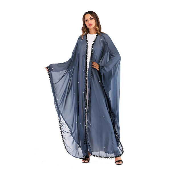 Blue Chiffon Abaya Robe with Pearl Bead Detail and Black Lace Trim