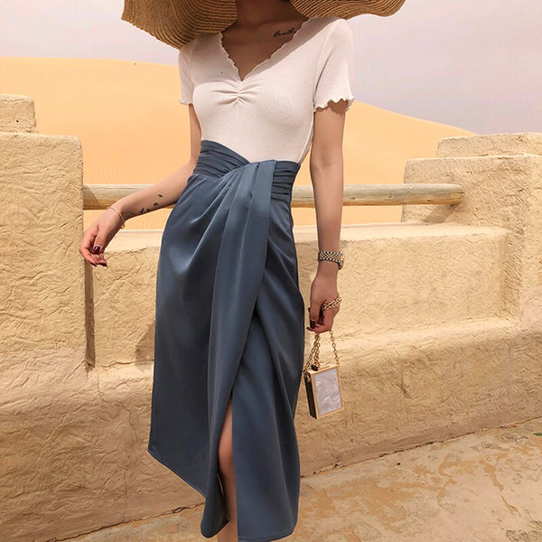 Asymmetrical Ruched Waist High Split Skirt