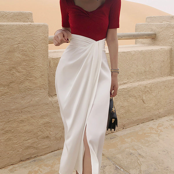 Asymmetrical Ruched Waist High Split Skirt