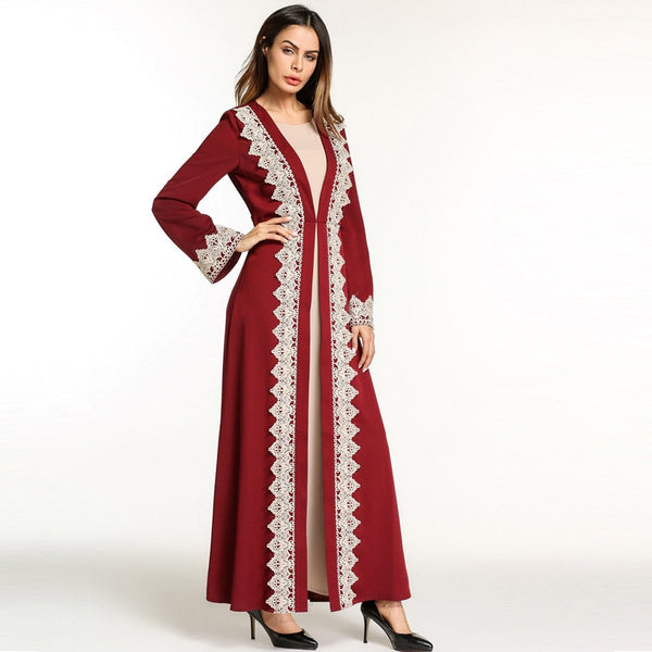 Bright Abaya Robe with Contrast Embroidered Lace detail and Belt