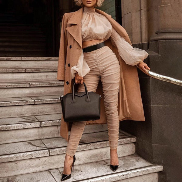 Two Piece Tan Turtleneck Crop Top and Trouser Suits