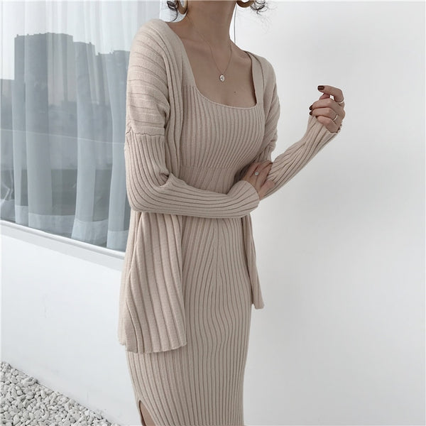 Two Piece Ribbed Knit Midi Dress with Long Sleeve Sweater Robe Cardigan Set