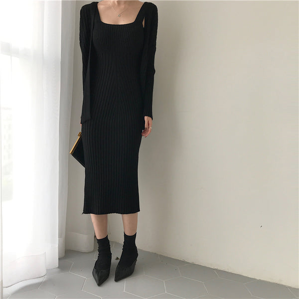 Two Piece Ribbed Knit Midi Dress with Long Sleeve Sweater Robe Cardigan Set