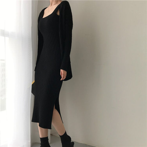 Two Piece Ribbed Knit Midi Dress with Long Sleeve Sweater Robe Cardigan Set