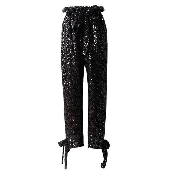 Heavy Sequin High Waisted Bow Bottom Black Trousers