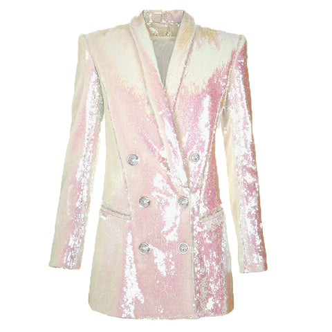 White Shimmer Sequined Long Blazer Jacket