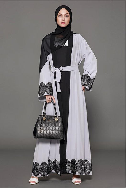 Grey Linen belted Abaya Robe with Black Embroidered detail