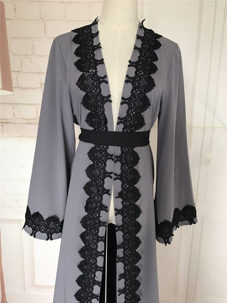 Embroidered Edge detail Lace Robe Abaya with Belt