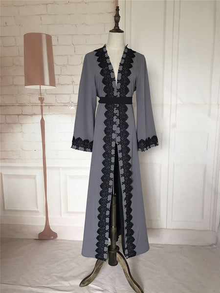 Embroidered Edge detail Lace Robe Abaya with Belt