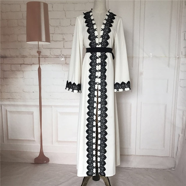 Embroidered Edge detail Lace Robe Abaya with Belt